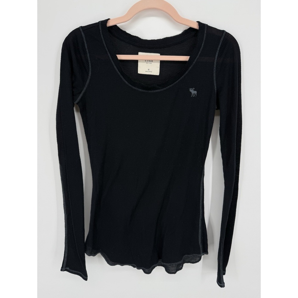 VTG Abercrombie Fitch Navy Blue Waffle Knit Thermal Top M Y2K Bella Swan Lettuce